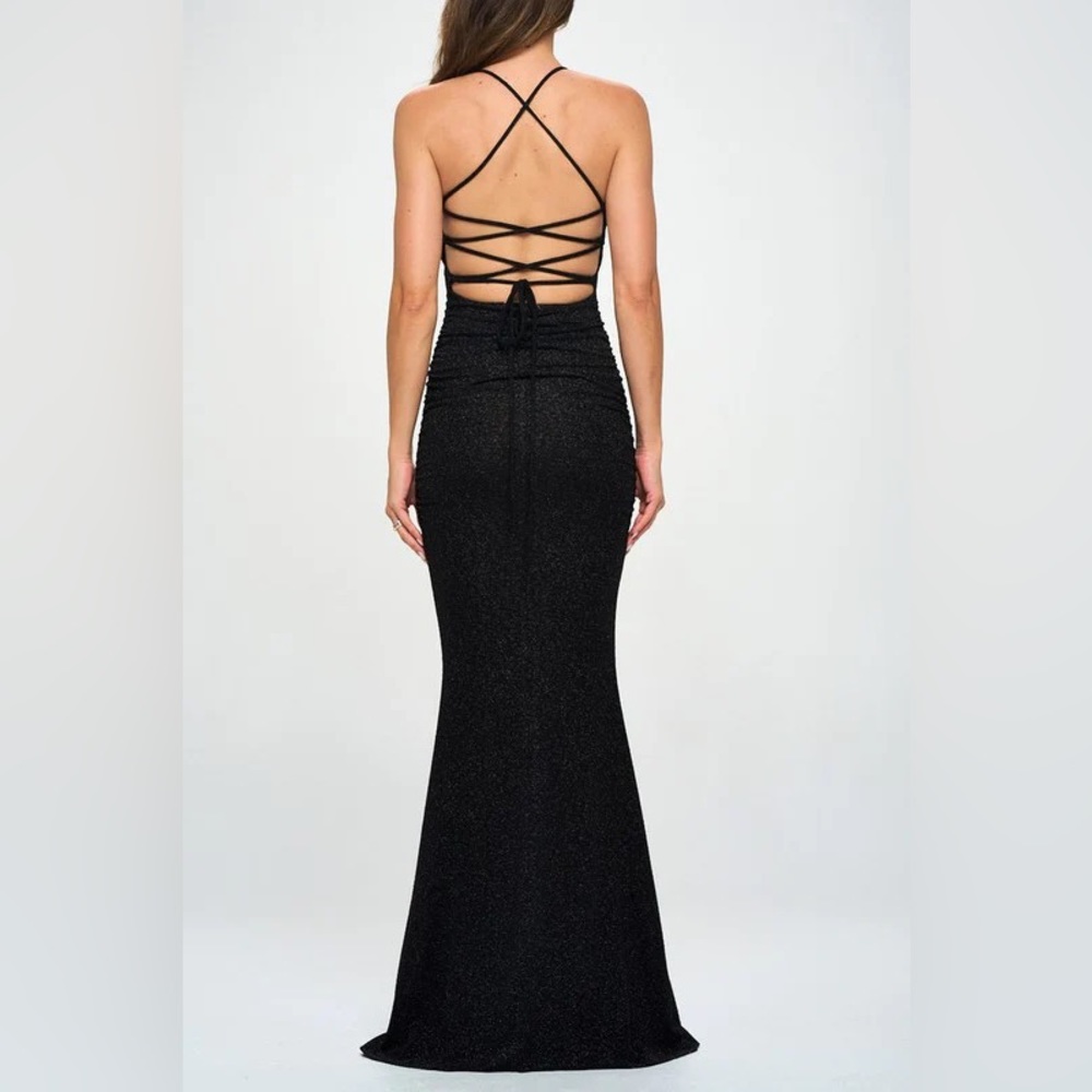 Black Glitter Lace Up Mermaid Maxi Dress